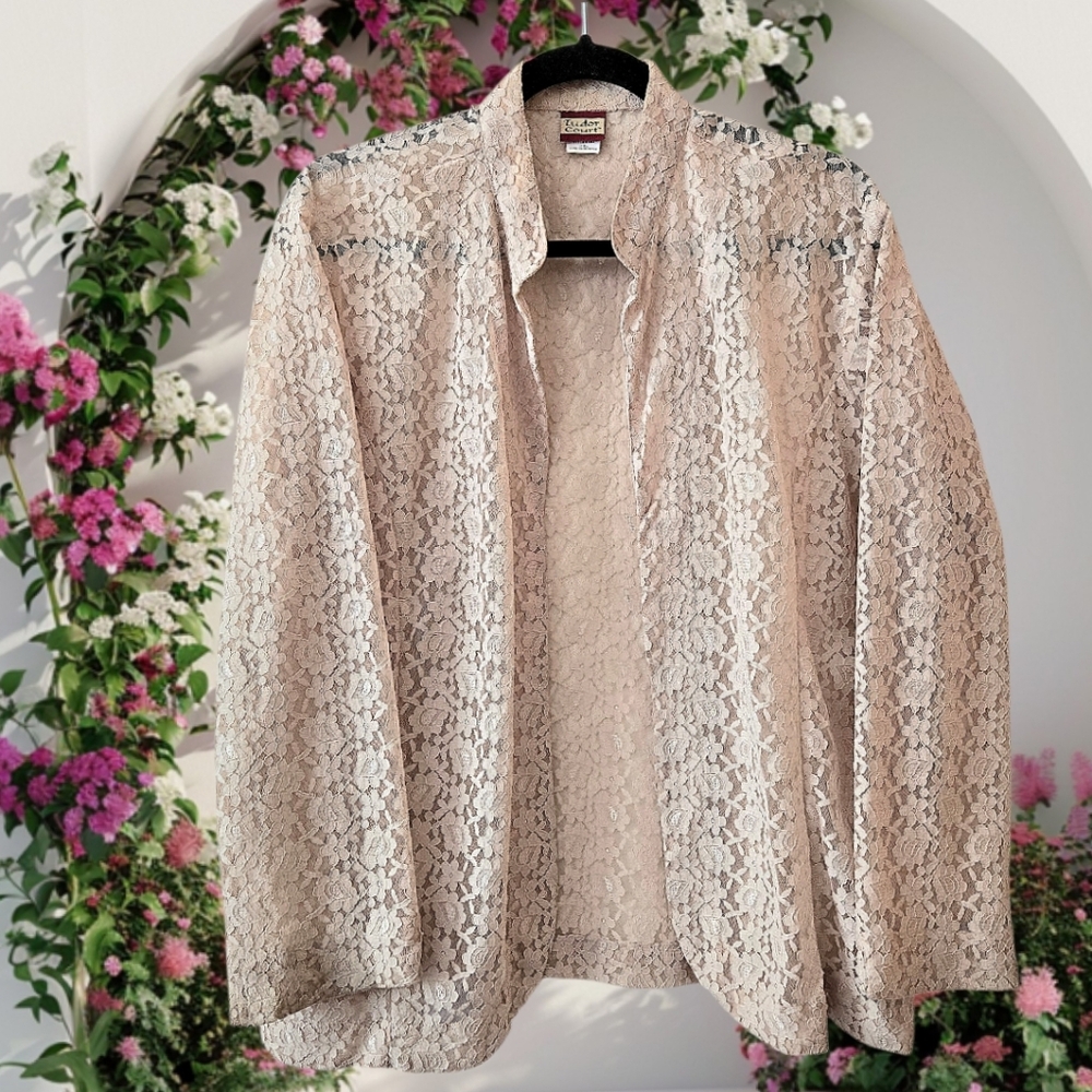 Tudor Court Creamy Lace Jacket Sheer Mesh Fairy Wedding Shabby Cottagecore Sz XL